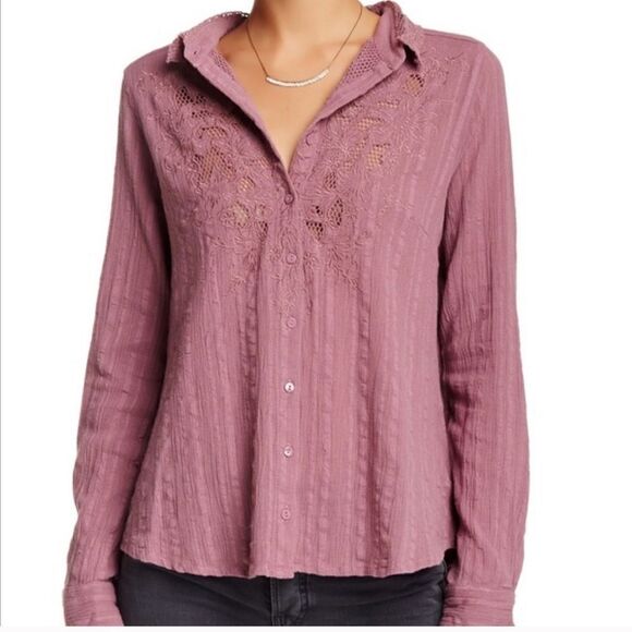 Free People Carter Dobby Purple Mauve Button Down Top Size Medium - Picture 1 of 7